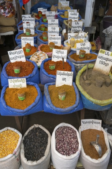Colourful sacks full of different spices with signs and prices, Gyumri, Gyumri, Shirak province,