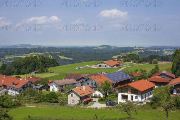 Residential building and view of the Chiemgau, Samerberg, Chiemgau, Upper Bavaria, Bavaria, Germany