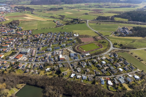 Aerial view, sports stadium on Odershäuser Straße, football pitch, sports field in Bad Wildungen in