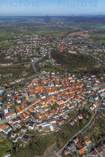 Aerial view, town centre of Wildungen with Protestant church on the town hill, in Bad Wildungen in
