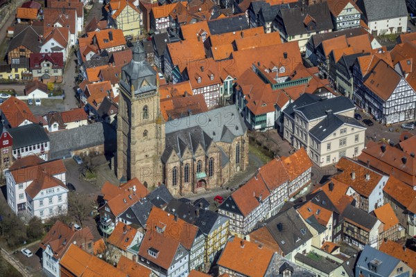 Aerial view, town centre of Wildungen with Protestant church on the town hill, in Bad Wildungen in