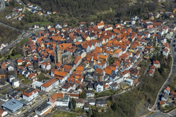 Aerial view, town centre of Wildungen with Protestant church on the town hill, in Bad Wildungen in