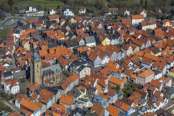 Aerial view, town centre of Wildungen with Protestant church on the town hill, in Bad Wildungen in