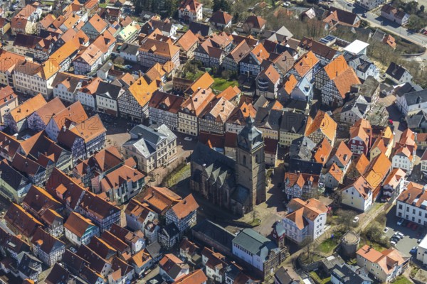 Aerial view, town centre of Wildungen with Protestant church on the town hill, in Bad Wildungen in