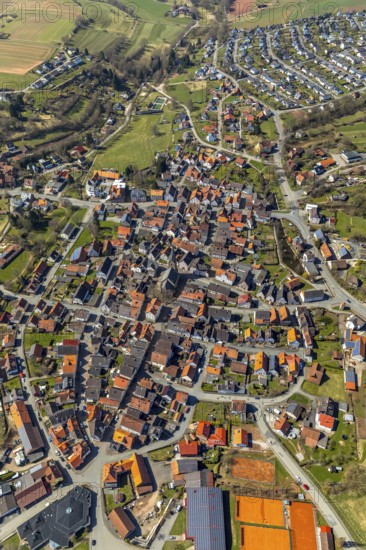 Aerial view, district Mengerinhausen in Bad Arolsen, with St-Georg-Kirche is a gothic hall church