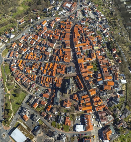 Aerial view, town centre of Wildungen with Protestant church on the town hill, in Bad Wildungen in