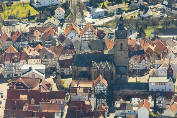 Aerial view, town centre of Wildungen with Protestant church on the town hill, in Bad Wildungen in