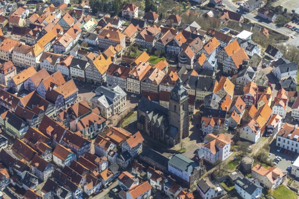 Aerial view, town centre of Wildungen with Protestant church on the town hill, in Bad Wildungen in