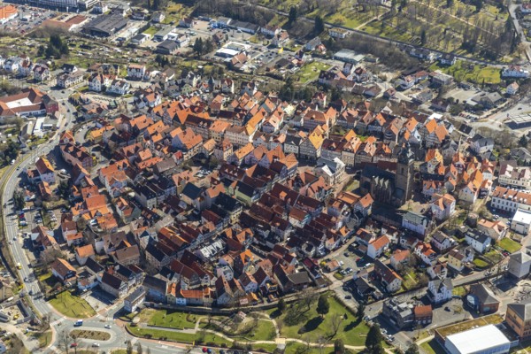 Aerial view, town centre of Wildungen with Protestant church on the town hill, in Bad Wildungen in