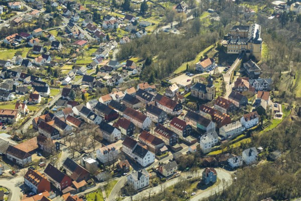 Aerial view, Altwildungen with Friedrichstein Castle in Bad Wildungen in Hesse. Bad Wildungen, spa