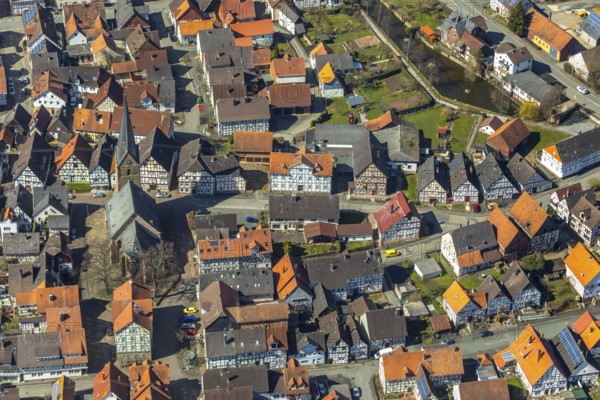 Aerial view, district Mengerinhausen in Bad Arolsen, with St-Georg-Kirche is a gothic hall church