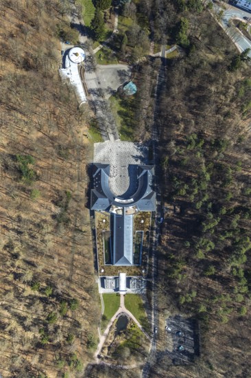 Aerial view, Wandelhalle An den Georg-Viktor-Quelle in Bad Wildungen in Hesse. Bad Wildungen, spa