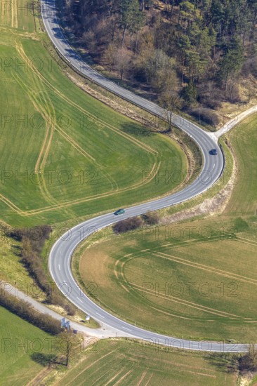 Aerial view, street curves, motorbike route Kasseler Straße L3080, in Volkmarsen, district