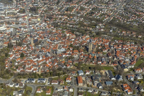 Aerial view, view from south to the historical city centre of Korbach with Kiliankirche in Korbach.