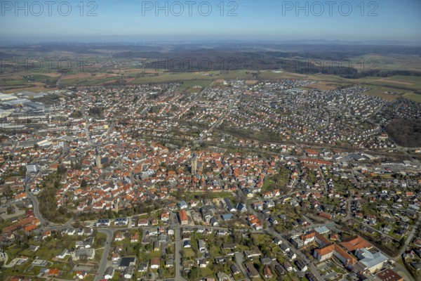 Aerial view, view from south to the historical city centre of Korbach with Kiliankirche in Korbach.