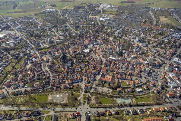 Aerial view, Historic old town of Korbach seen from north over Heerstraße and Grabenstraße in