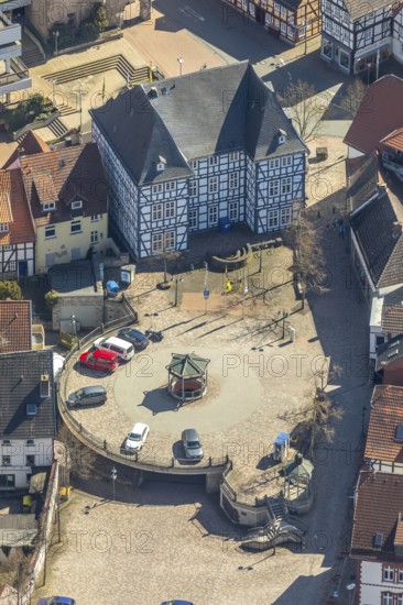 Aerial view, Stadtbücherei Korbach Oberstraße near Altes Rathaus Korbach in Korbach. district town