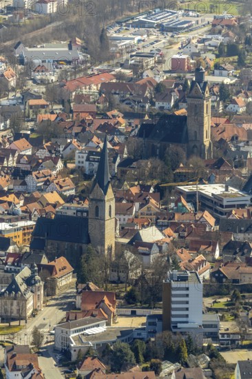 Aerial view, Sparkasse Korbach, Nikolaikirche and Kilianskirche in Korbach. district town Korbach,