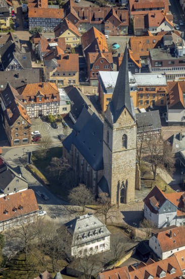 Aerial view, Nikolaikirche in Korbach. District town Korbach, district Waldeck-Frankenberg in