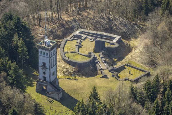 Aerial view, Burg Eisenberg is the ruin of a hilltop castle near Goldhausen in Korbach,