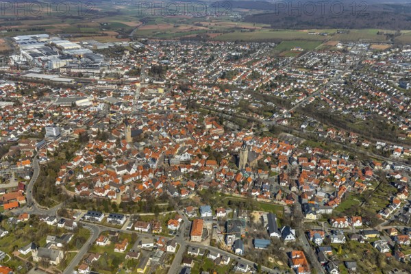 Aerial view, view of the hostoric city centre with St Kilianskirche and St Nikolai church in