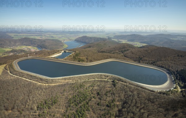 Aerial view, Edertal reservoir, hydro battery, energy storage, Affoldern in Edertal,