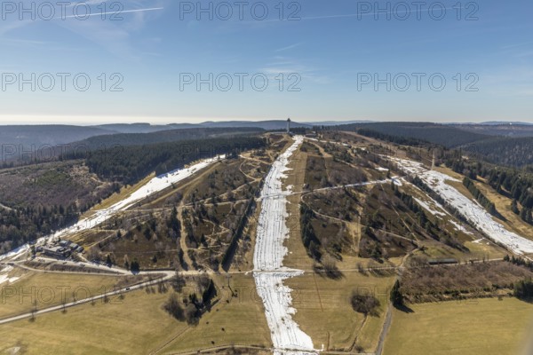 Aerial view, Ettelsberg with snow remains on the slopes in Willingen in Hesse. Willingen (Upland),