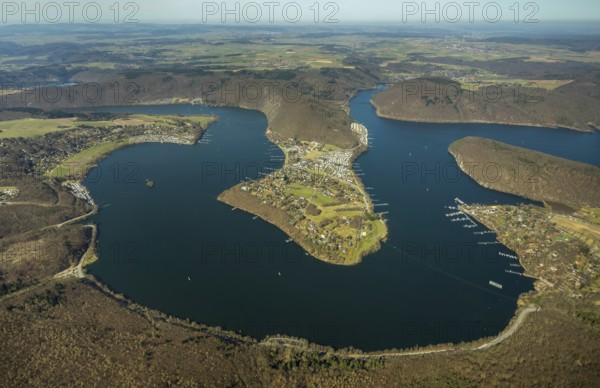 Aerial view, peninsula Scheid with Edersee, Eder, in Waldeck in Hesse. Waldeck, Burg Waldeck an der