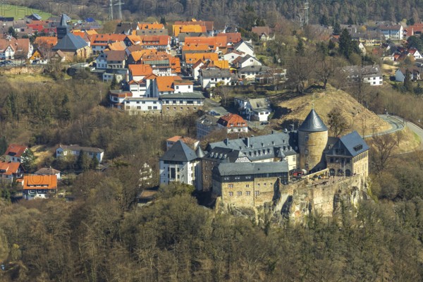 Aerial view, Waldeck with the castle-like castle Waldeck in Waldeck in Hesse. Waldeck, Waldeck