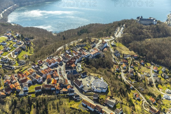 Aerial view, Waldeck with the castle-like castle complex Schloss Waldeck in Waldeck with the