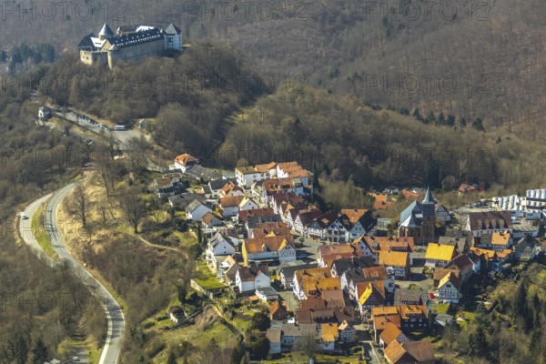 Aerial view, Waldeck with the castle-like castle Waldeck in Waldeck in Hesse. Waldeck, Waldeck
