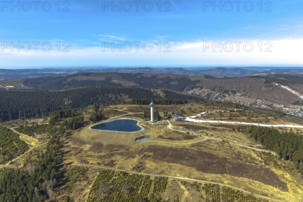 Aerial view, Ettelsberg with Ettelsturm, Hochheideturm, Ettelsberg-See, Siggis Hütte, cosy mountain
