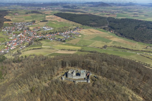 Aerial view, Weidelsburg is the ruin of a hilltop castle near Ippinghausen in Wolfhagen, Naturparks