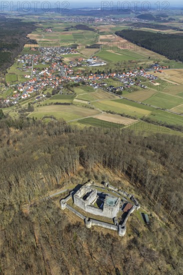 Aerial view, Weidelsburg is the ruin of a hilltop castle near Ippinghausen in Wolfhagen, Naturparks