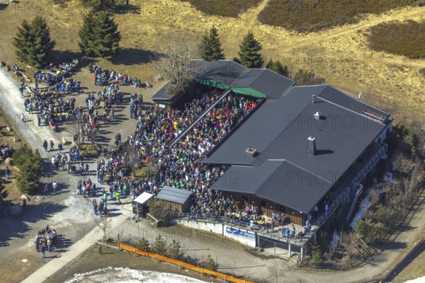 Aerial view, Ettelsberg with Ettelsturm, Siggis Hütte, cosy mountain inn at the cable car stop, in