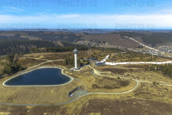 Aerial view, Ettelsberg with Ettelsturm, Hochheideturm, Ettelsberg-See, Siggis Hütte, cosy mountain