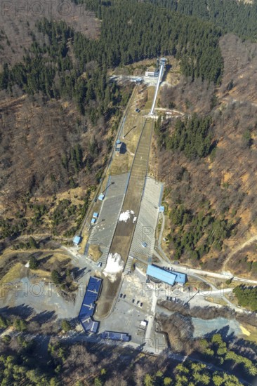 Aerial view, Mühlenkopfschanze in spring with snow remains in Willingen in Hesse. Willingen