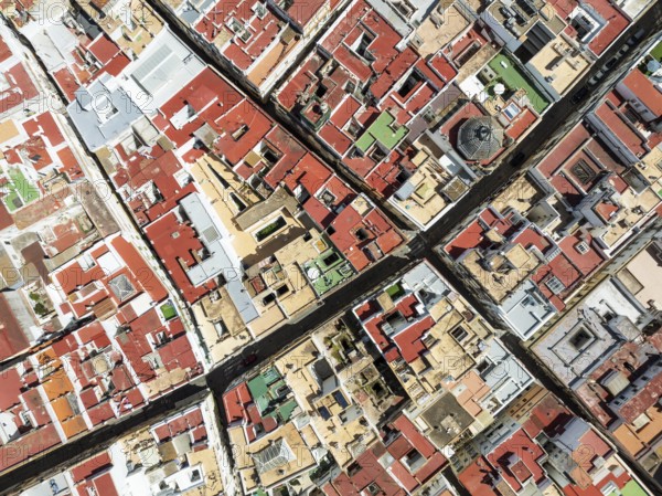 Streets and rooftops in the town of Cádiz. Aerial view. Drone shot. Cádiz province, Andalusia,