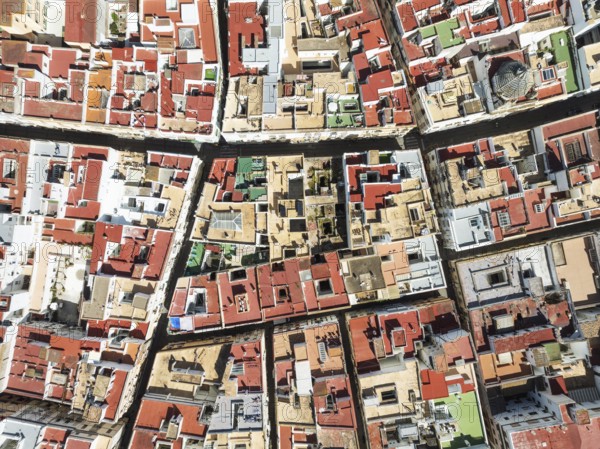 Streets and rooftops in the town of Cádiz. Aerial view. Drone shot. Cádiz province, Andalusia,