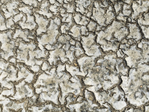 Dried mud in the marshland of the Bahía de Cádiz Nature Reserve. Aerial view. Drone shot. Cádiz