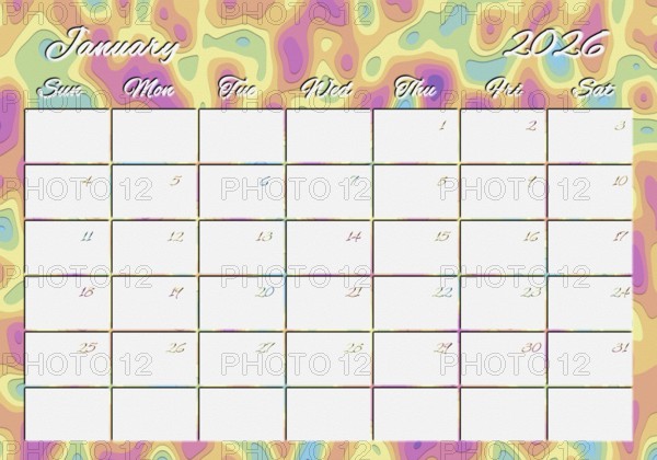 Printable Wall Calendar, January 2026 Colorful