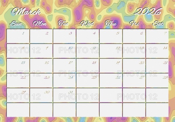 Printable Wall Calendar, March 2026 Colorful