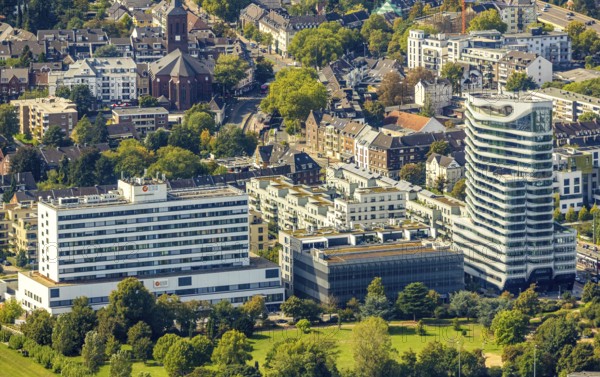Aerial view, high-rise building The Zipper Hotel and Apartments, Schön Klinik Krankenhaus, Heerdt,