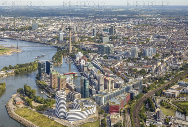 Aerial view, Media Harbour at the river Rhine, Rhine Tower and Rheinknie Bridge, in front