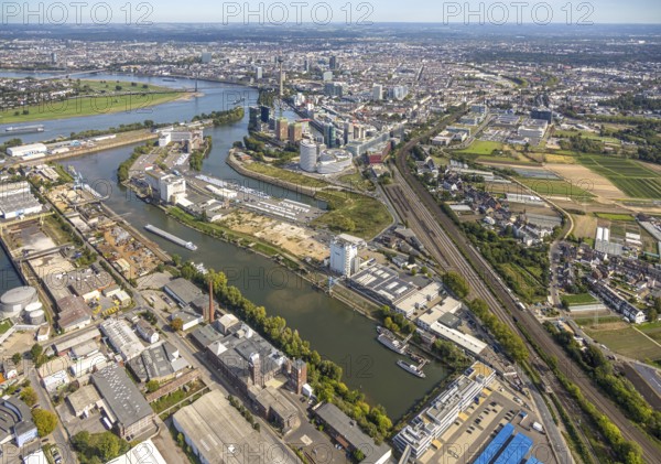 Aerial view, Media Harbour office and business district, view to the river Rhine with Rhine Tower