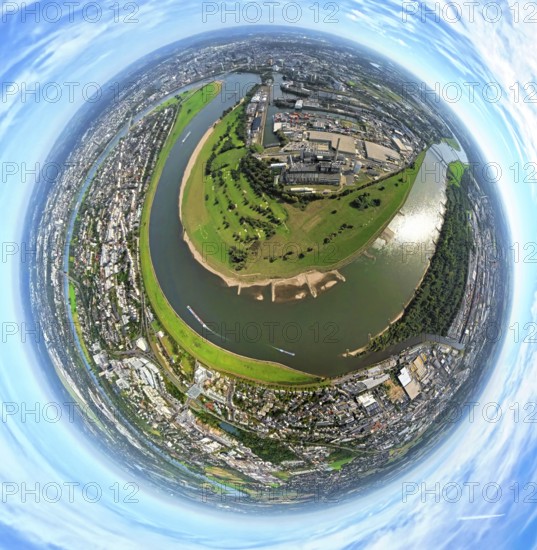 Aerial view, river Rhine Rhine bend, golf course Auf der Lausward and harbour with Lausward power