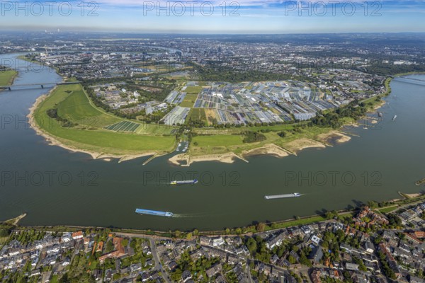 Aerial view, Rhine bend and district Volmerswerth, horticultural farms and agricultural use in the