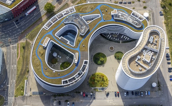 Aerial photo, trivago N.V. headquarters in the media harbour, harbour, Düsseldorf, Ruhr area, North
