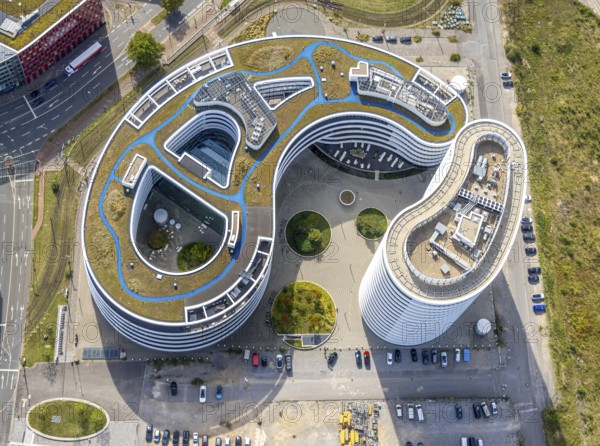 Aerial photo, trivago N.V. headquarters in the media harbour, harbour, Düsseldorf, Ruhr area, North