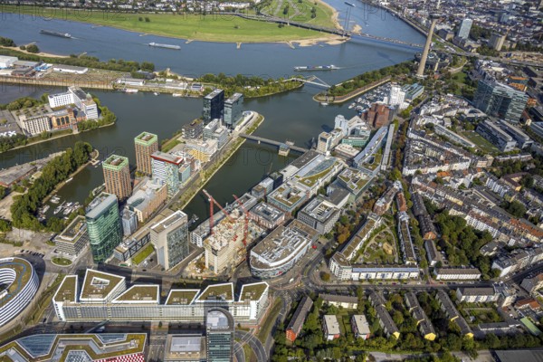 Aerial view, Media Harbour office and business district, view to the river Rhine and Rhine Tower,